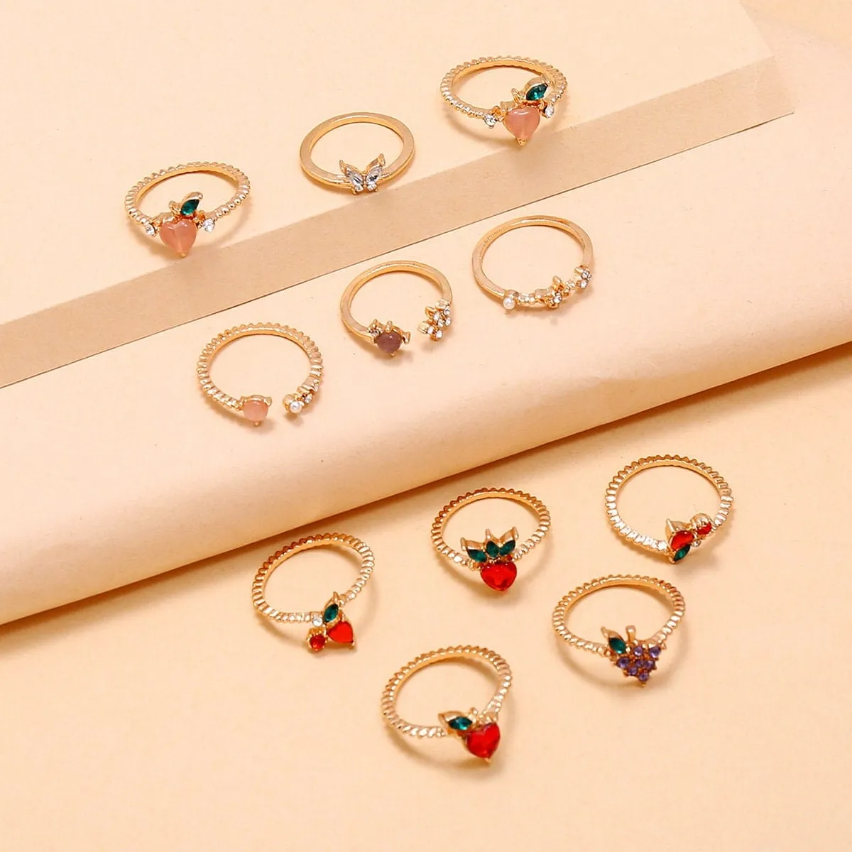 Charming 10 Pieces Colorful Crystal Fruits Rings Set