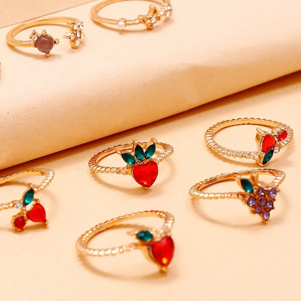 Charming 10 Pieces Colorful Crystal Fruits Rings Set