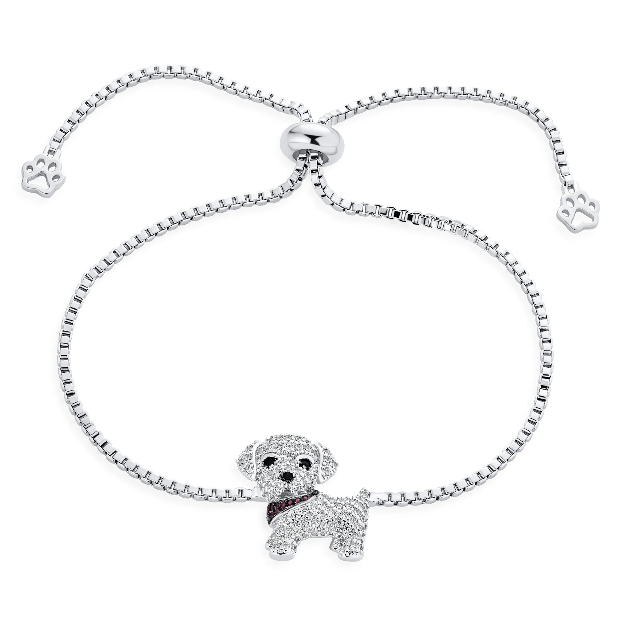 Cubic Zirconia CZ Puppy Dog Bolo Bracelet with Silver Plated Sliding Clasp