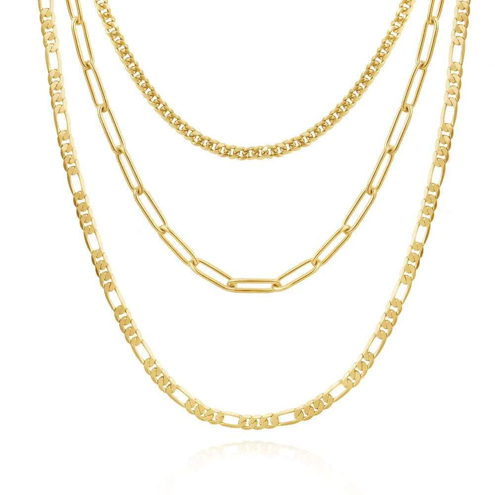 Dainty 14K Gold Layered Necklaces- Cuban Figaro 4mm Paperclip