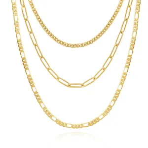 Dainty 14K Gold Layered Necklaces- Cuban Figaro 4mm Paperclip