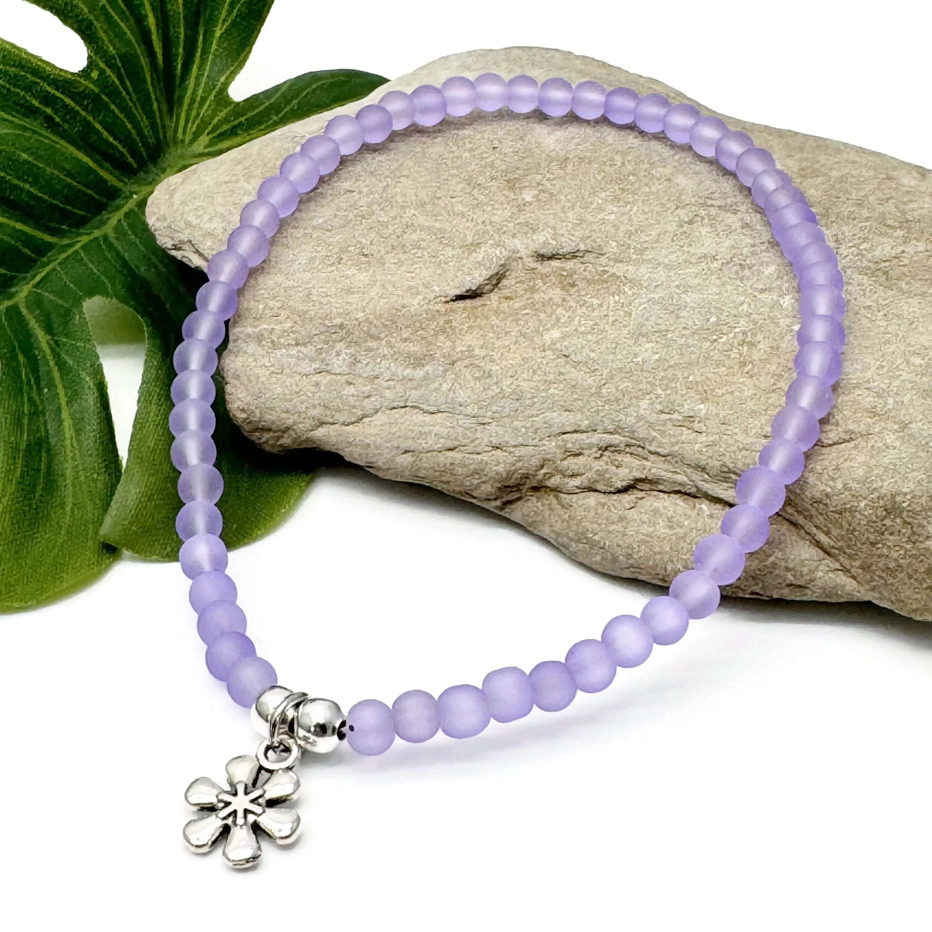 Daisy Flower Charm Frosted Bead Anklet - Colour Choice