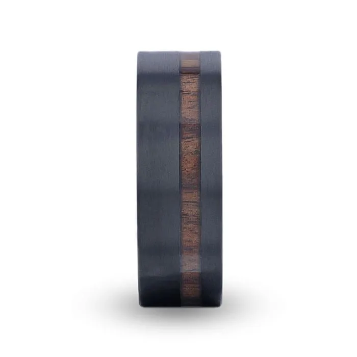 DARING | Black Titanium Ring, Off-Set Koa Wood Inlay, Flat