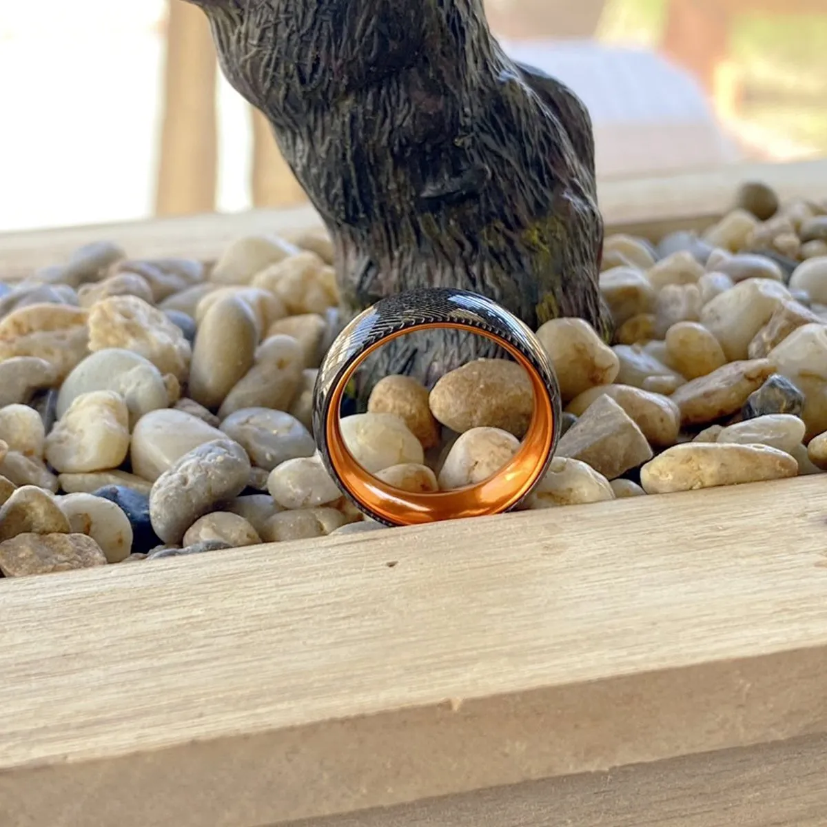 DAWN | Orange Ring, Gunmetal Damascus Steel Ring, Domed