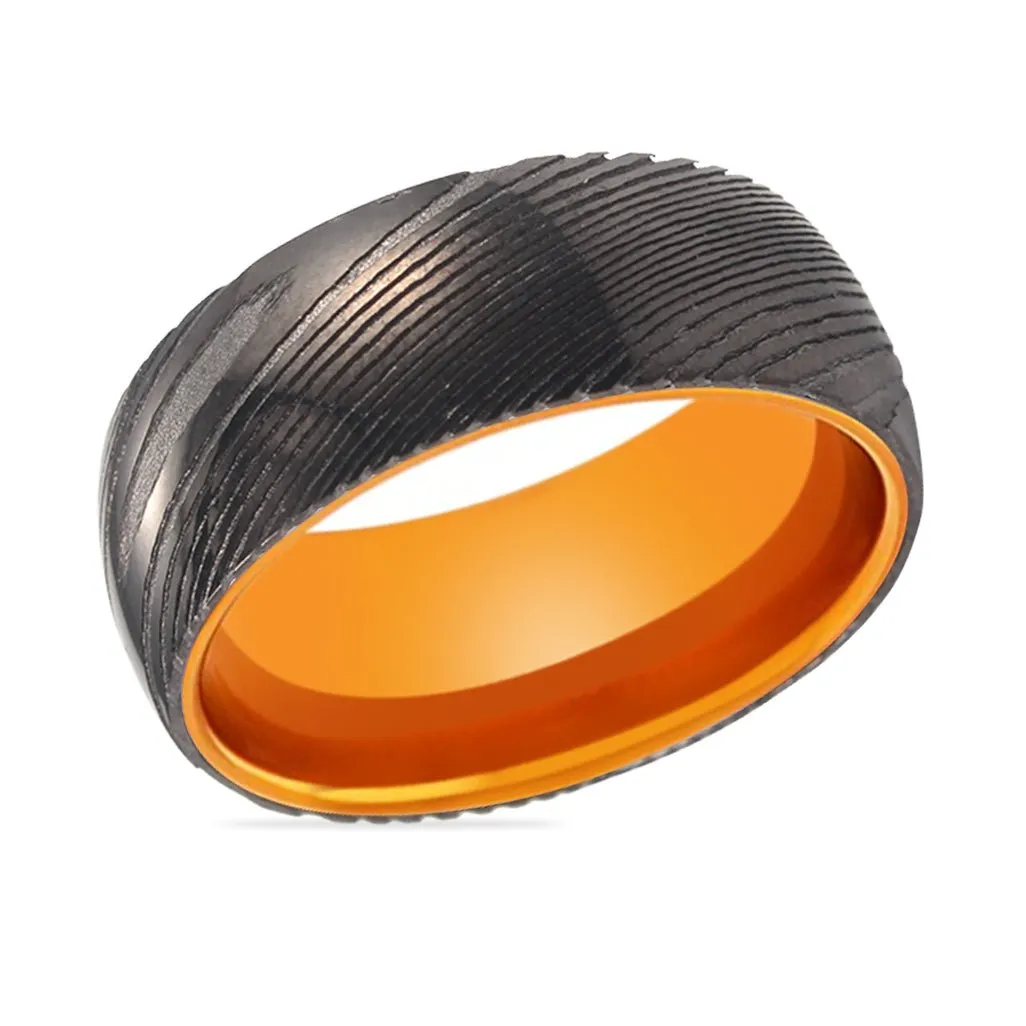 DAWN | Orange Ring, Gunmetal Damascus Steel Ring, Domed