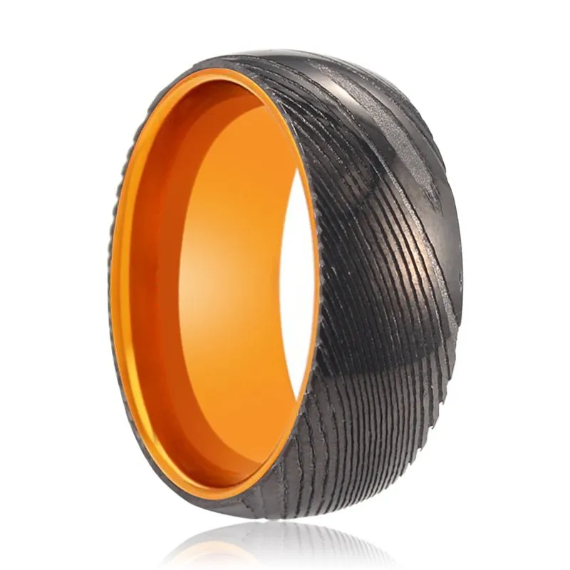 DAWN | Orange Ring, Gunmetal Damascus Steel Ring, Domed