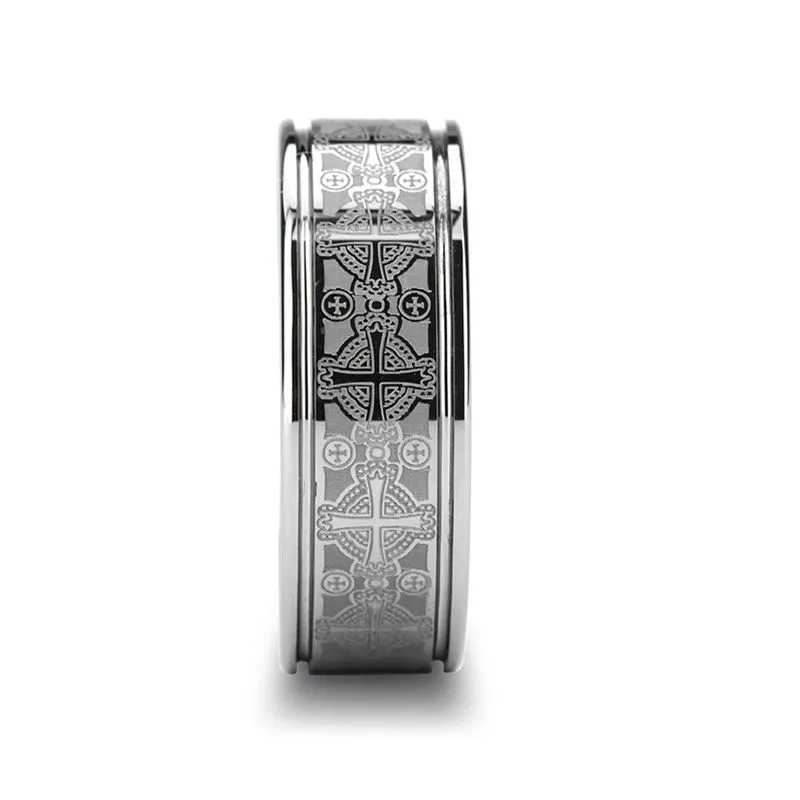 DEACON | Silver Tungsten Ring, Laser Engraved Celtic Crosses, Flat