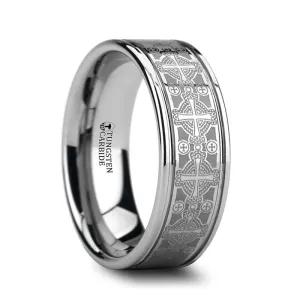 DEACON | Silver Tungsten Ring, Laser Engraved Celtic Crosses, Flat