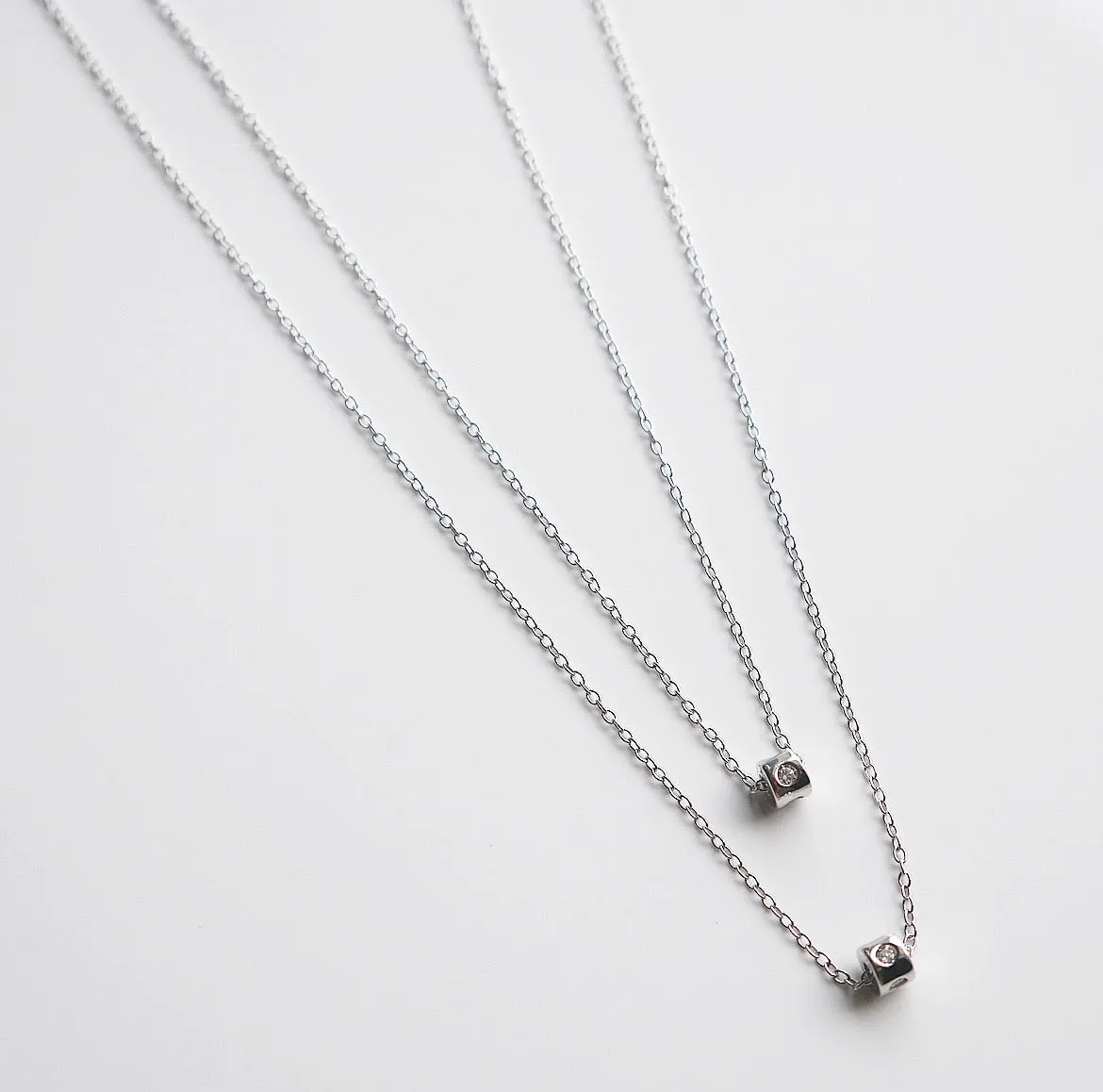 Double Barrel Layered Necklace Diamond CZ 925 Sterling Silver Dainty Women's Jewelry