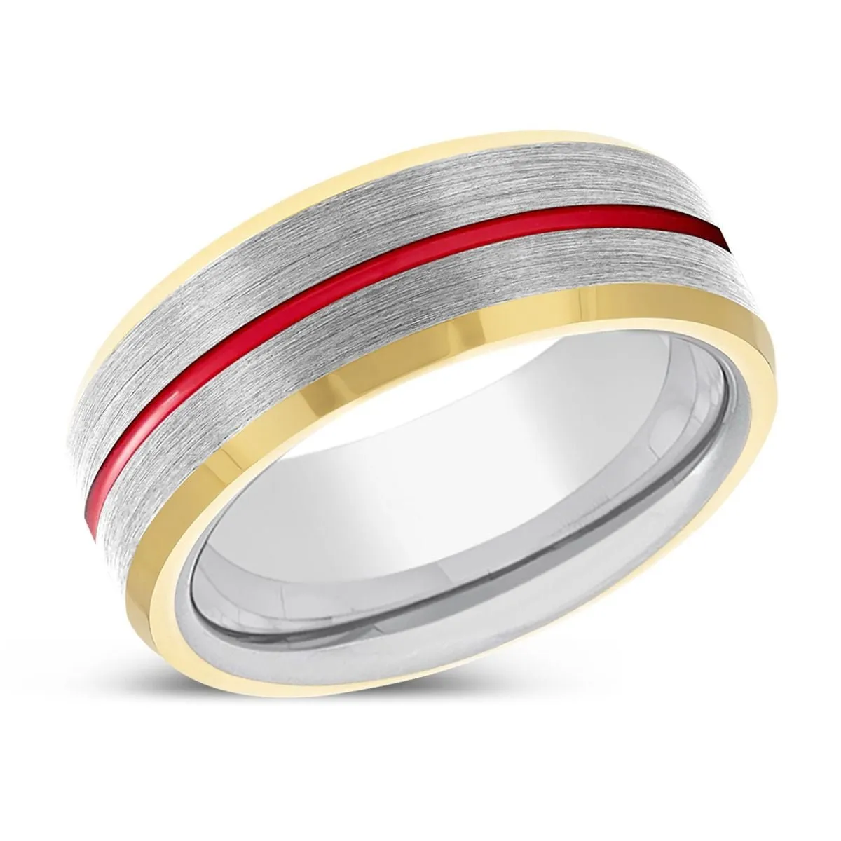 DYNAMO | Silver Ring, Silver Tungsten Ring, Red Groove, Gold Beveled Edge