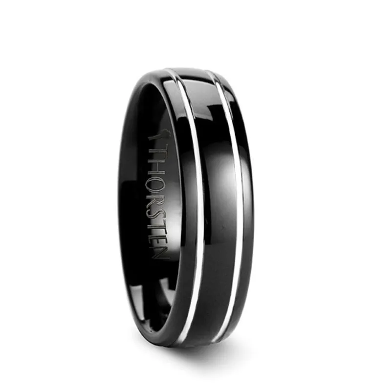 ECLIPSE | Black Tungsten Ring, Two Silver Grooves, Domed