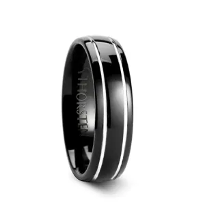 ECLIPSE | Black Tungsten Ring, Two Silver Grooves, Domed