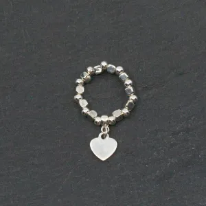 Elasticated Heart Charm Ring In Silver Plate