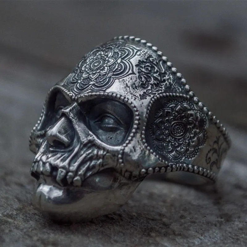 EYHIMD Unique Santa Muerte Skull Men's Ring with Mandala Flower Pattern