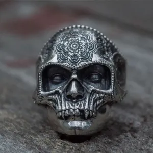 EYHIMD Unique Santa Muerte Skull Men's Ring with Mandala Flower Pattern