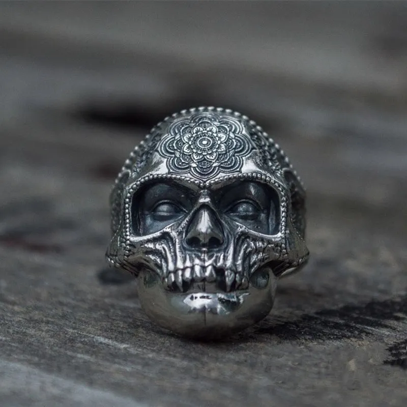 EYHIMD Unique Santa Muerte Skull Men's Ring with Mandala Flower Pattern