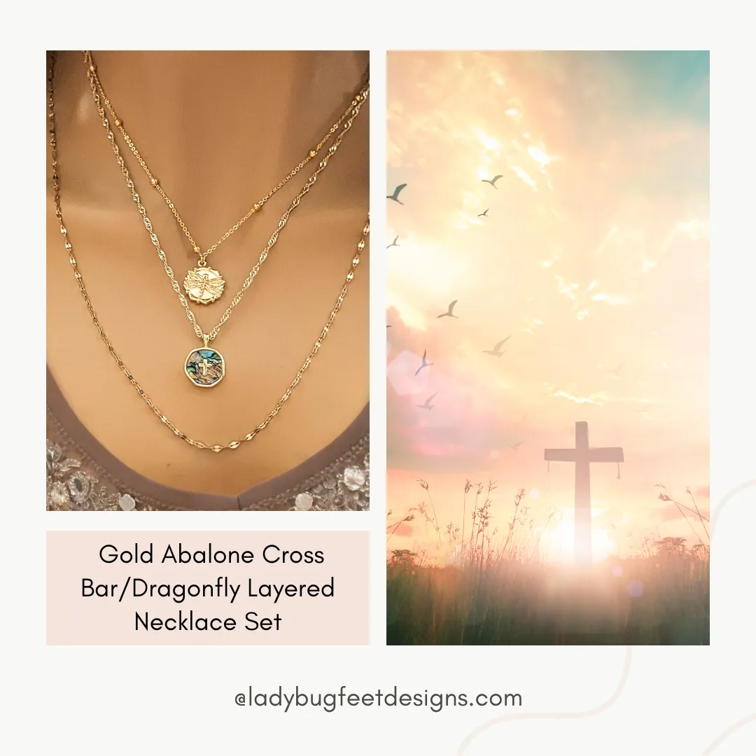 Gold Abalone Cross Bar/Dragonfly Layered Necklace Set