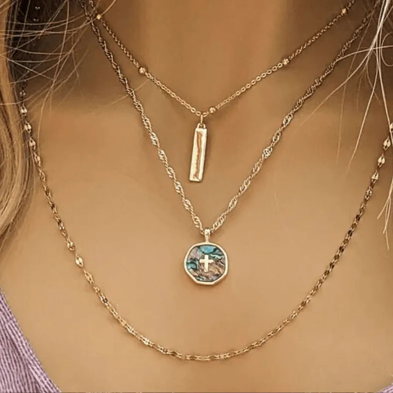 Gold Abalone Cross Bar/Dragonfly Layered Necklace Set