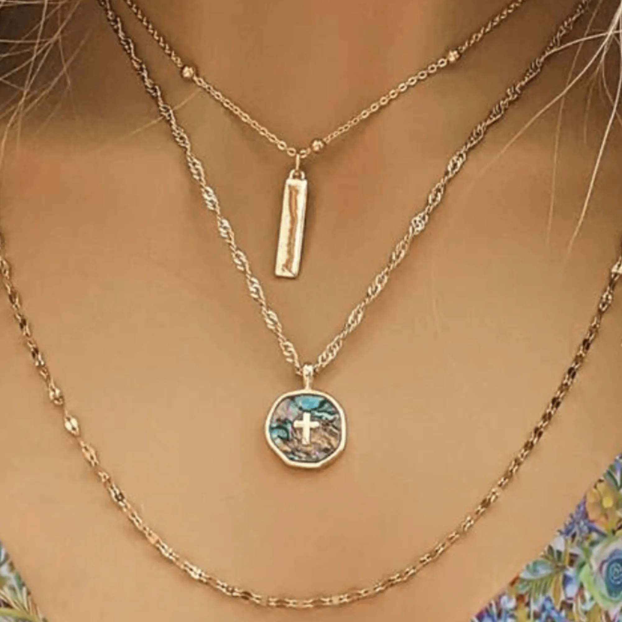 Gold Abalone Cross Bar/Dragonfly Layered Necklace Set