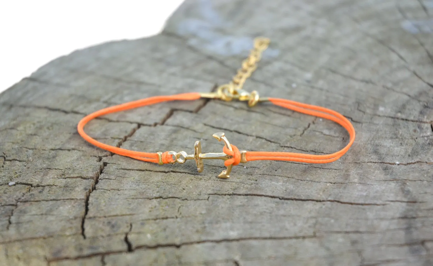 Gold anchor anklet, orange cord, gift for her