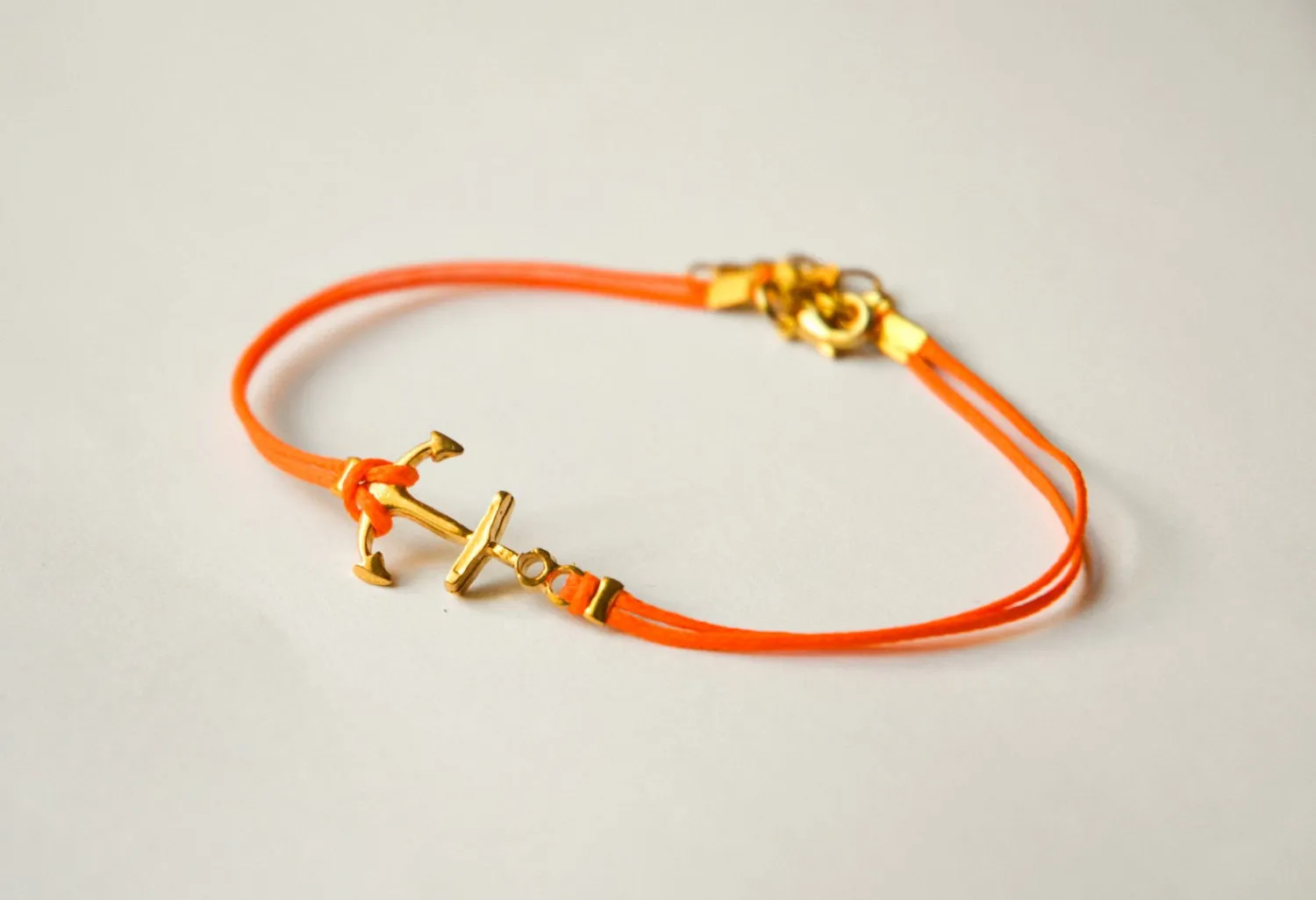 Gold anchor anklet, orange cord, gift for her