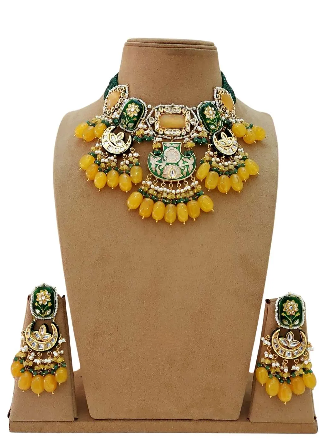 Gold Finish Semiprecious Stone Meenakari Necklace Set