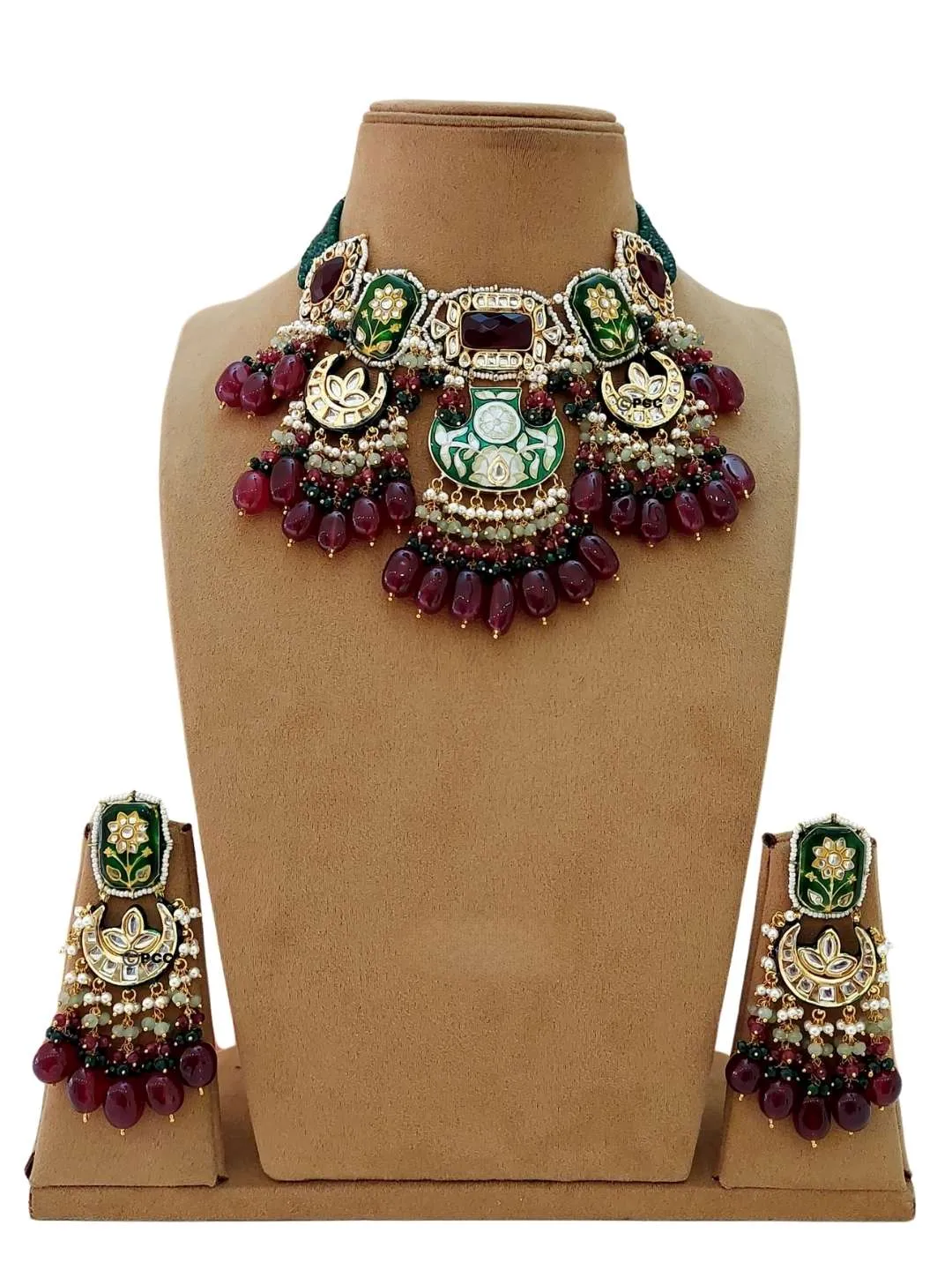 Gold Finish Semiprecious Stone Meenakari Necklace Set