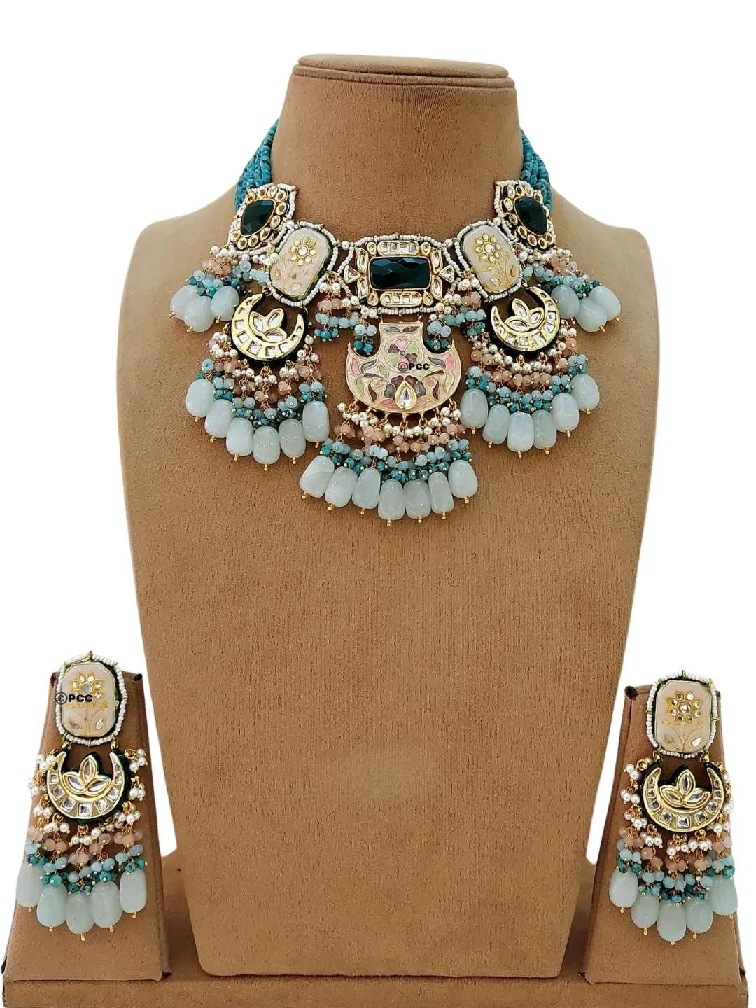 Gold Finish Semiprecious Stone Meenakari Necklace Set