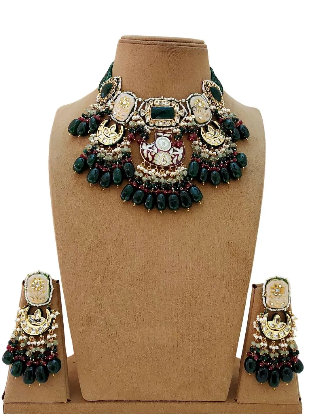 Gold Finish Semiprecious Stone Meenakari Necklace Set