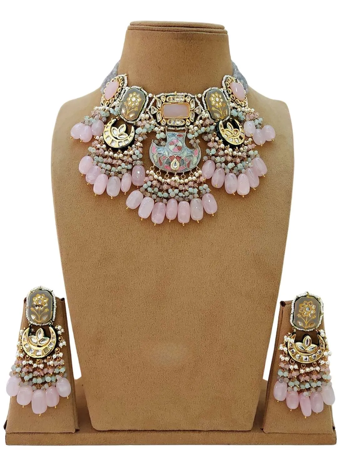 Gold Finish Semiprecious Stone Meenakari Necklace Set