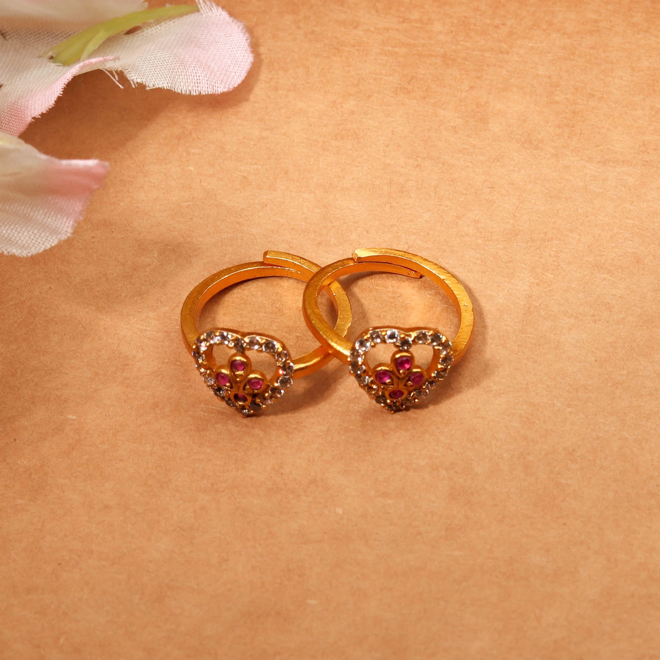 Gold Plated Red And White Stones Toe Rings For Women - Free Size