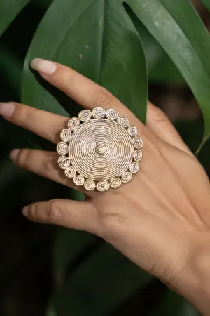 Handmade Circular Floral Dokra Brass Adjustable Finger Ring - Unique Durable Boho Jewelry