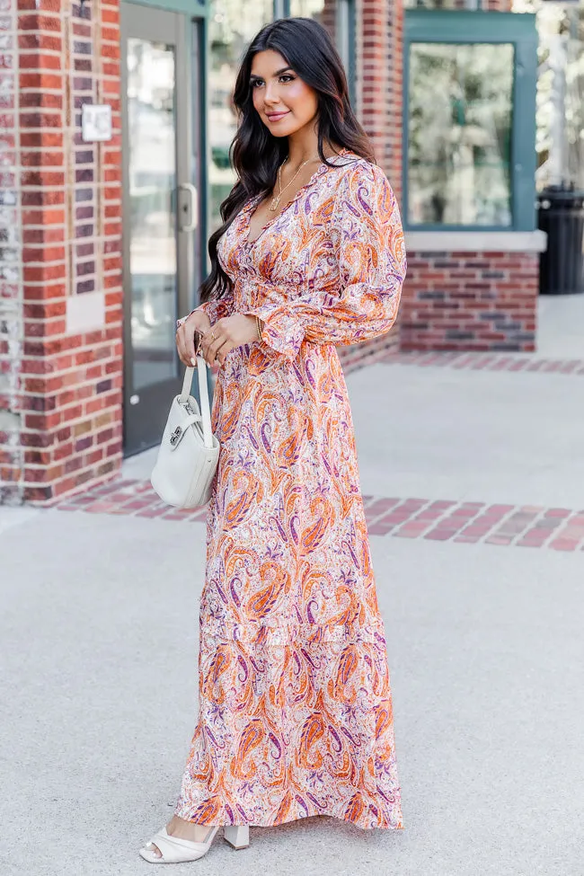 It's All A Dream Rust Multi Paisley Satin Ruffle Trim Maxi Dress FINAL SALE