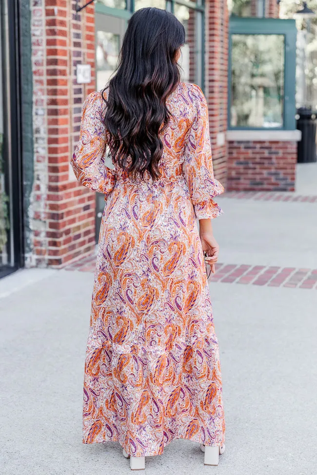 It's All A Dream Rust Multi Paisley Satin Ruffle Trim Maxi Dress FINAL SALE