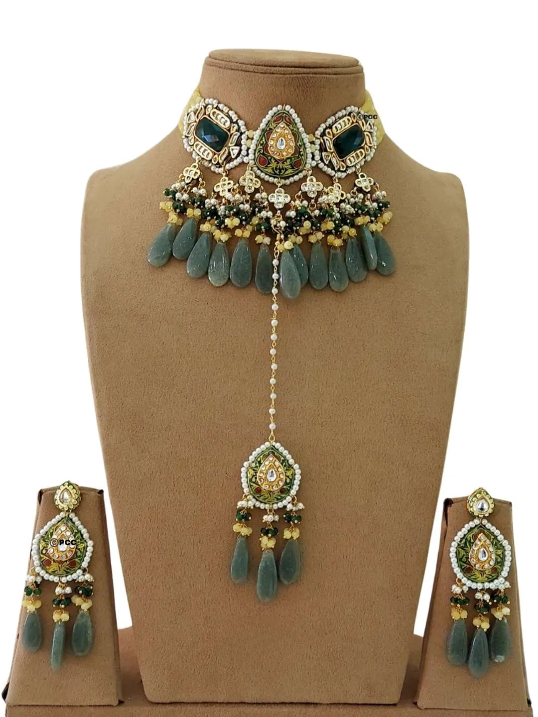 Jadau Meena Kundan Hand Work Necklace And Earrings