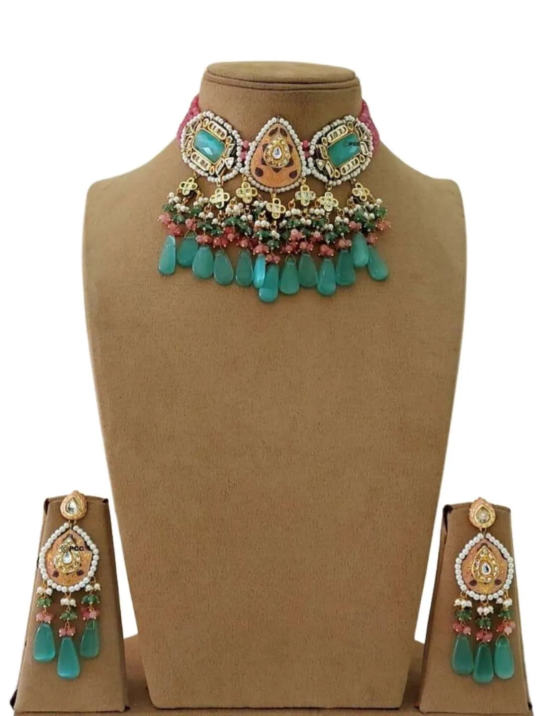 Jadau Meena Kundan Hand Work Necklace And Earrings