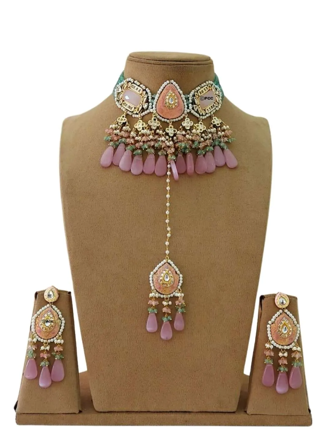 Jadau Meena Kundan Hand Work Necklace And Earrings