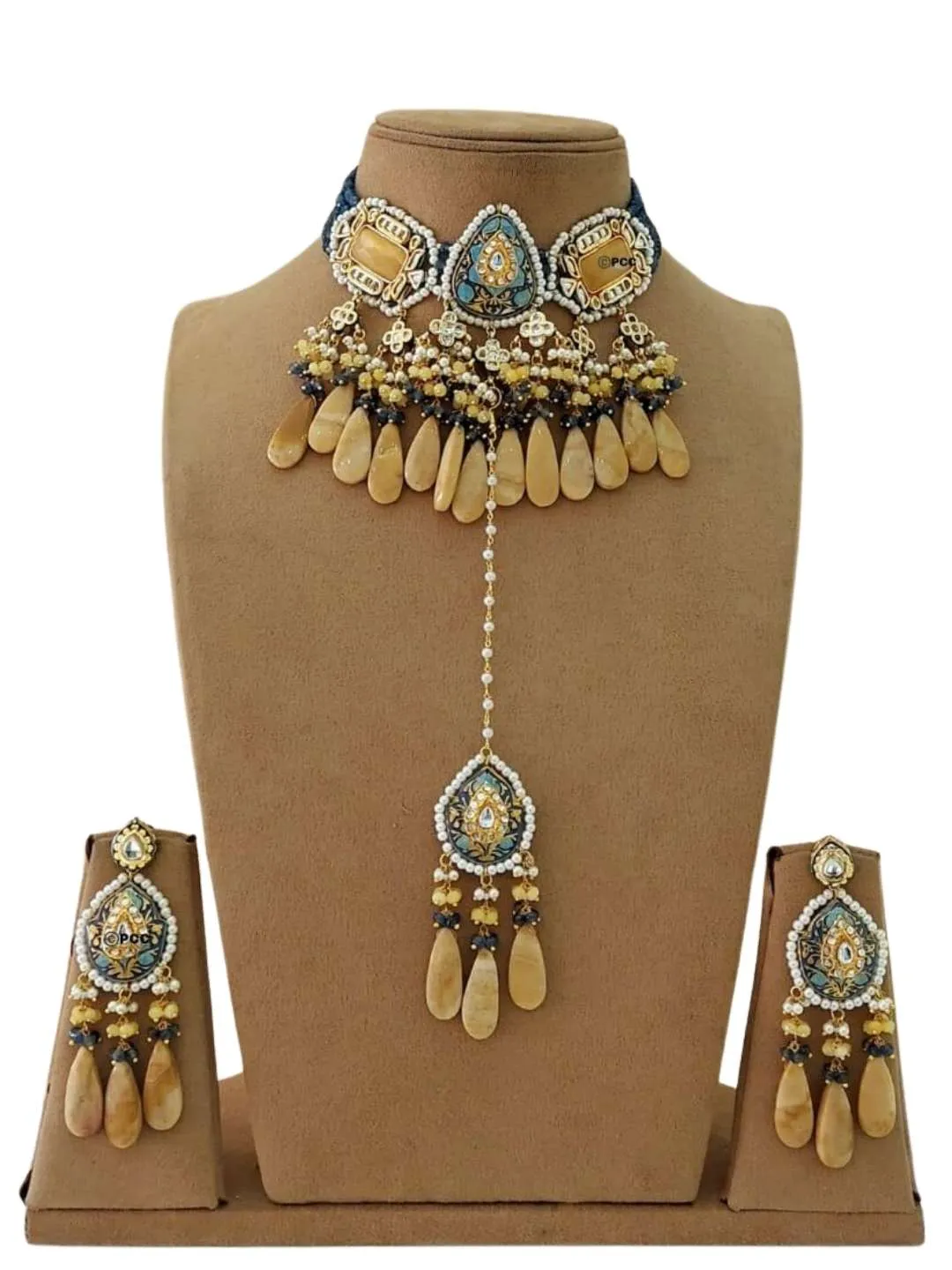 Jadau Meena Kundan Hand Work Necklace And Earrings