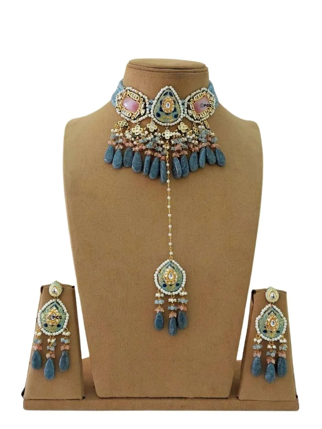 Jadau Meena Kundan Hand Work Necklace And Earrings