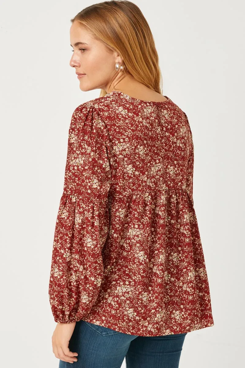 Kristie Misses Burgundy Floral Puff Sleeve Babydoll Top S-L