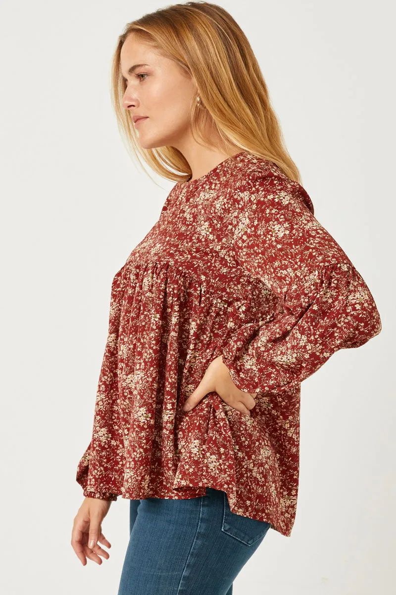 Kristie Misses Burgundy Floral Puff Sleeve Babydoll Top S-L