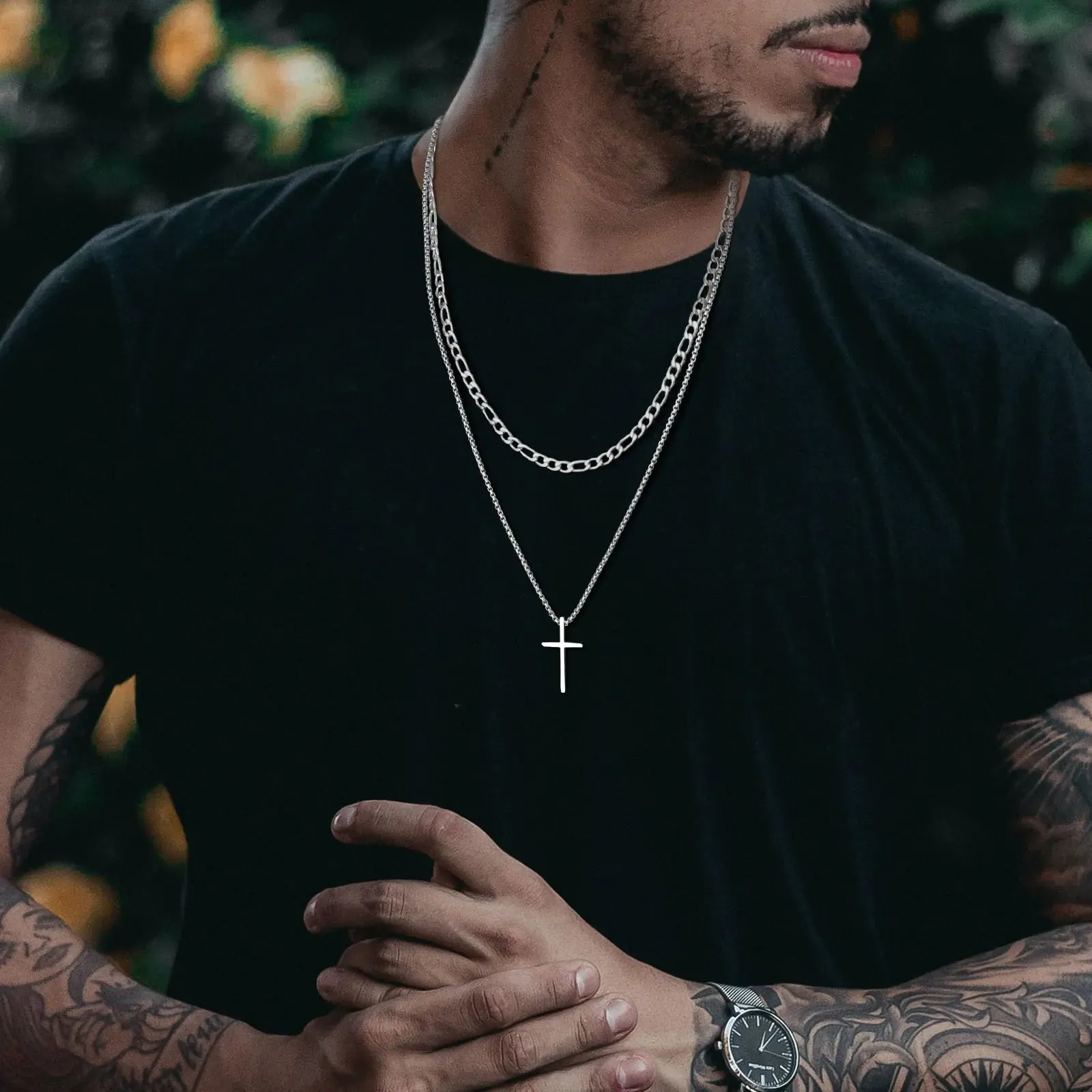 Layered Men's Cross Pendant Necklaces