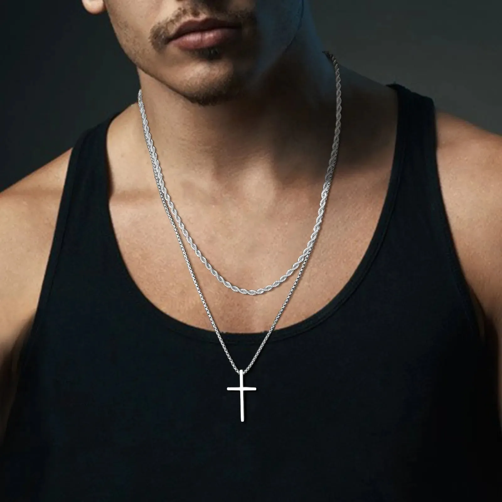 Layered Men's Cross Pendant Necklaces