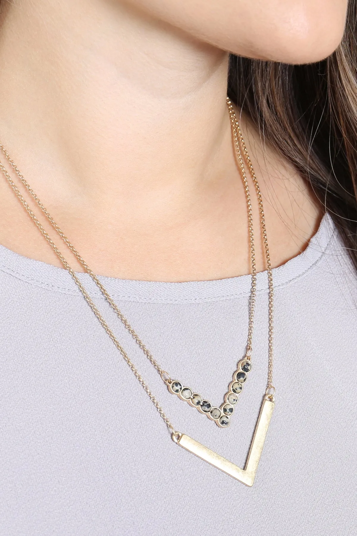 LAYERED V SHAPE NATURAL STONE & METAL NECKLACES