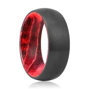 LUCAS | Black & Red Wood, Black Tungsten Ring, Brushed, Domed