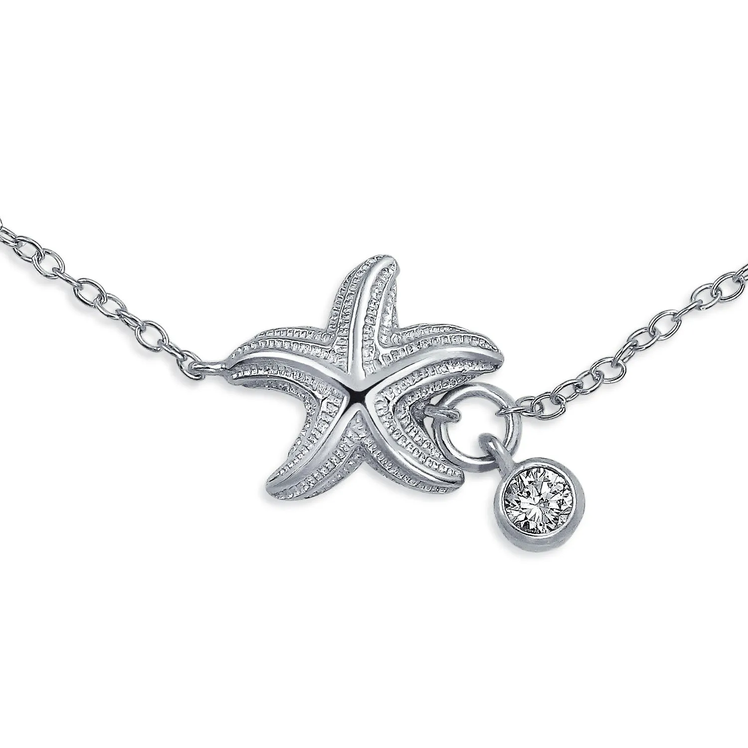 Marine Life Starfish Anklet Ankle Bracelet CZ Accents Sterling Silver 9-10 Inch