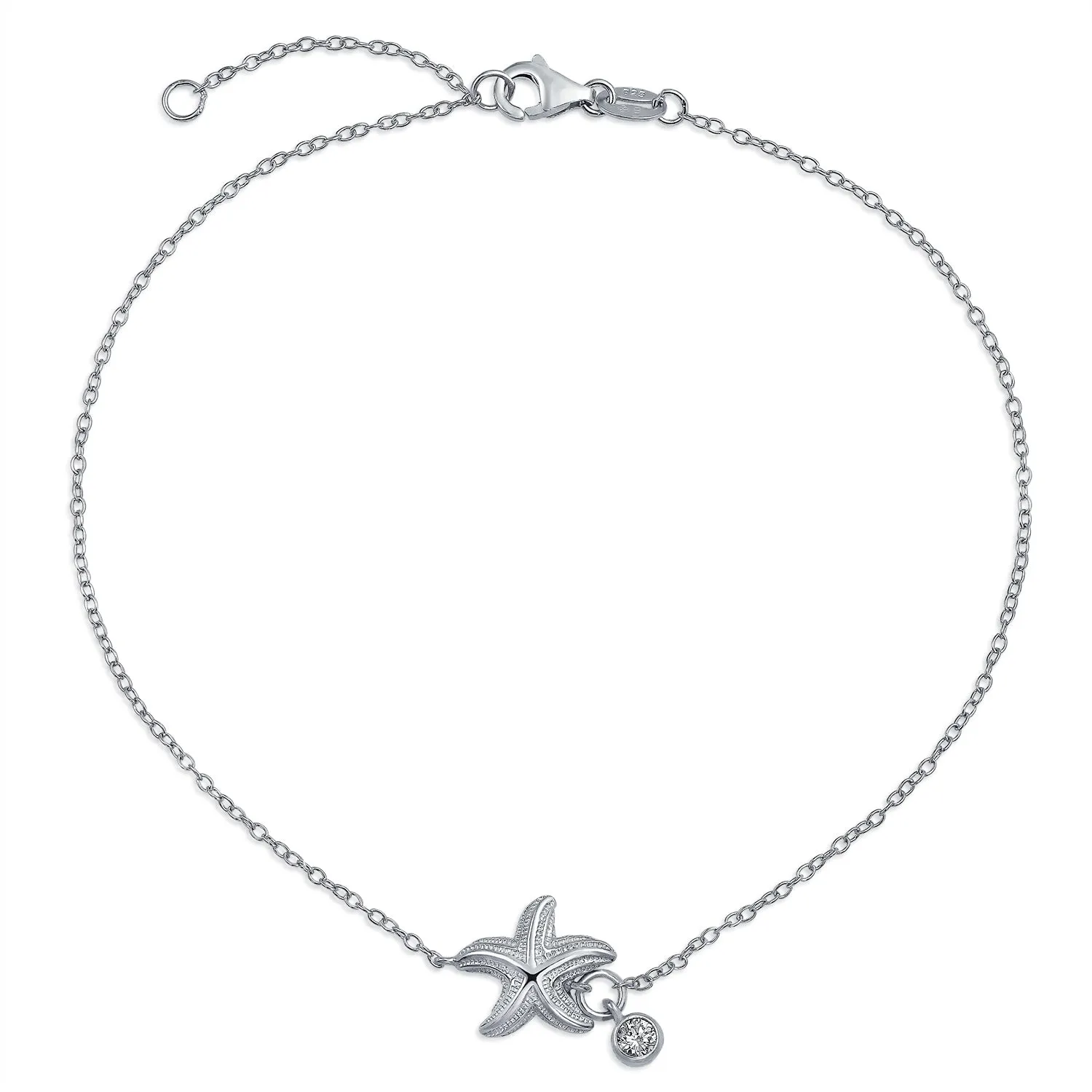 Marine Life Starfish Anklet Ankle Bracelet CZ Accents Sterling Silver 9-10 Inch