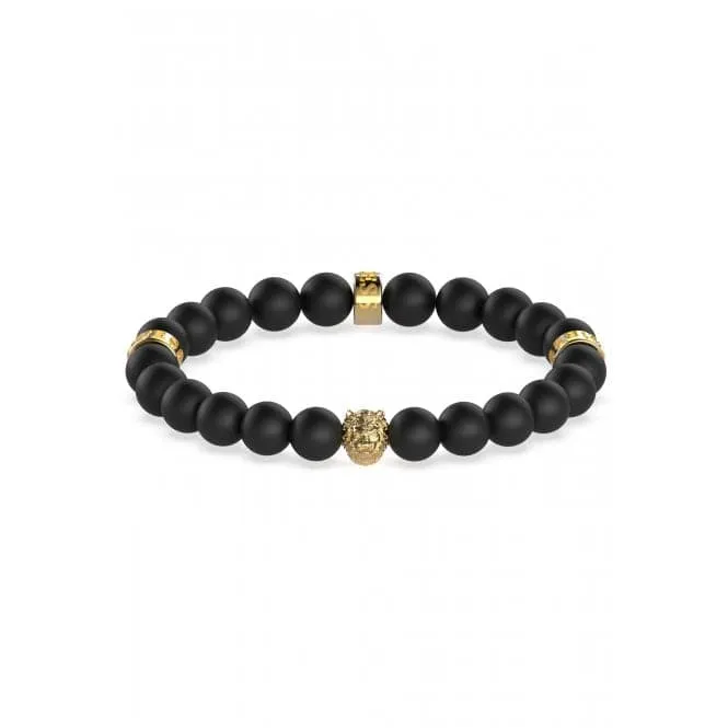 Mens Gold-tone Plated Black Beads 12mm Lion Detail Bracelet UMB01303YG