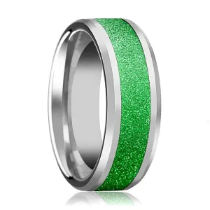 Men's Tungsten Wedding Band with Green Sparkling Inlay and Bevels - 8MM