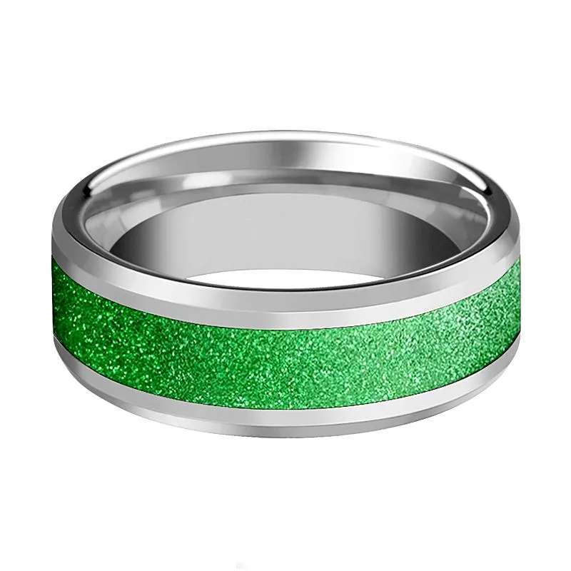 Men's Tungsten Wedding Band with Green Sparkling Inlay and Bevels - 8MM